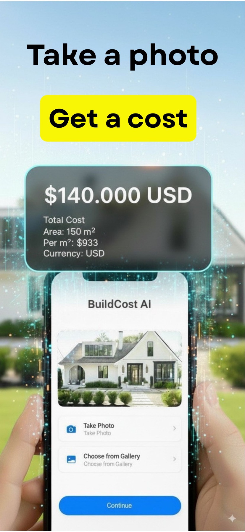 BuildCost App Store preview showing a building photo and a cost estimate